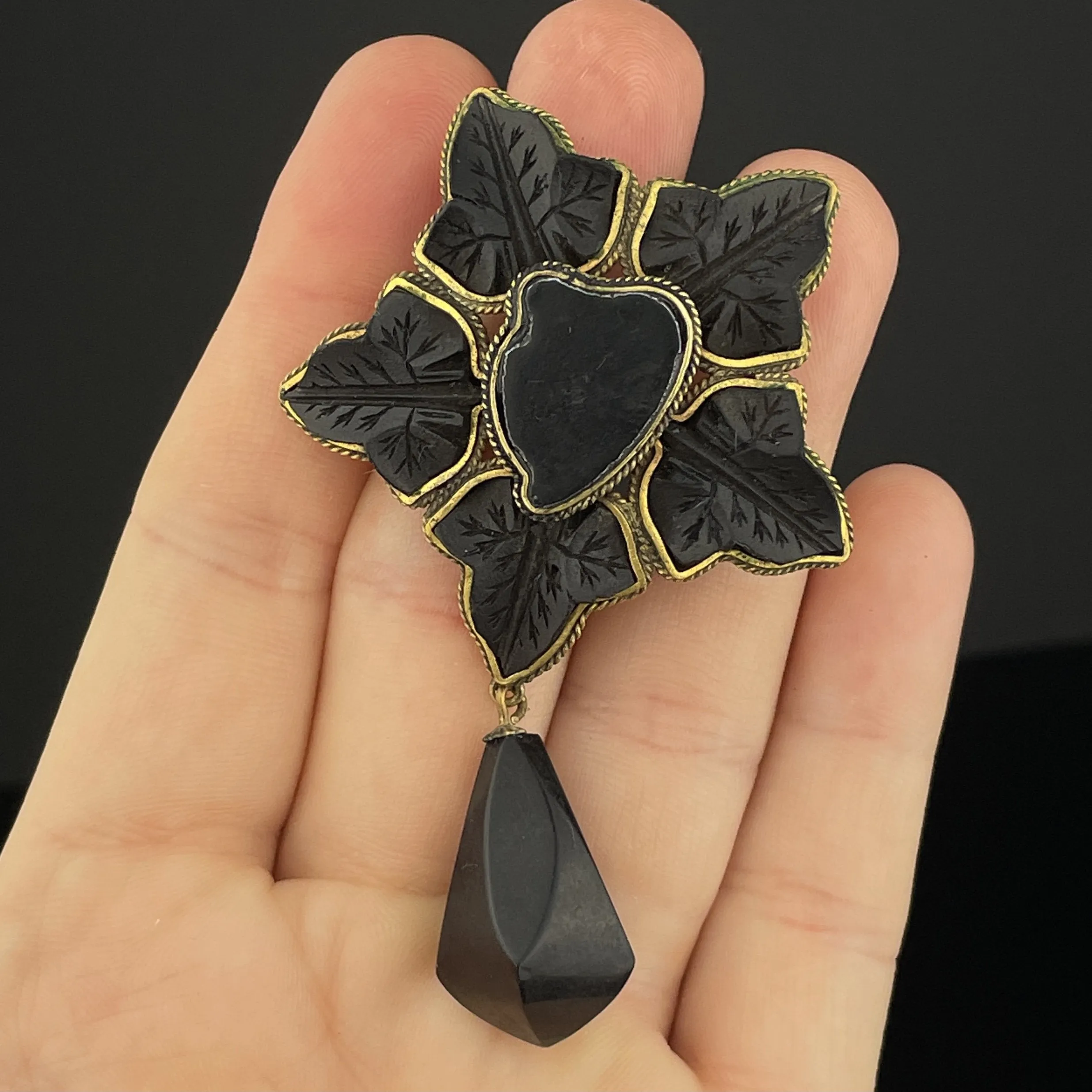 ON HOLD Antique Carved Irish Bog Oak Vulcanite Large Brooch