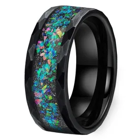 Opal Inlay Multi-Faceted Tungsten Wedding Ring