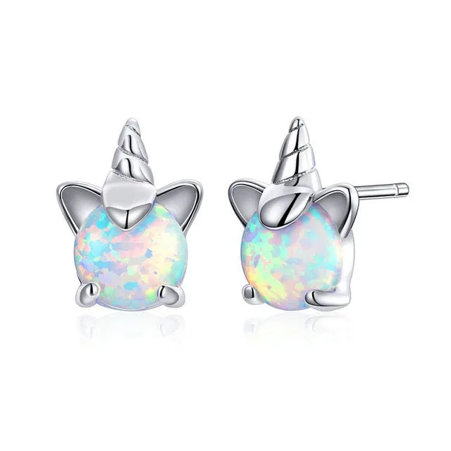 Opal Unicorn 925 Sterling Silver Fashion Stud Earrings