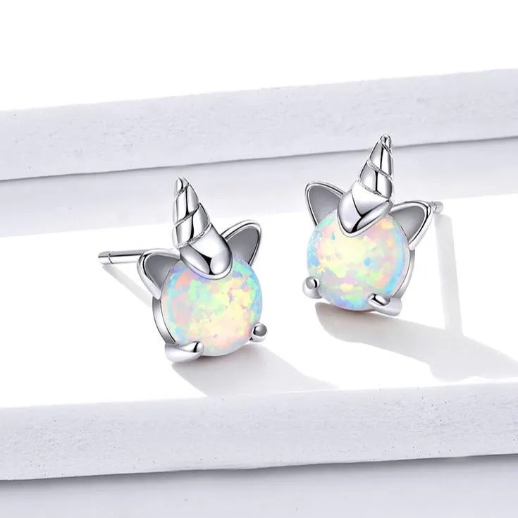 Opal Unicorn 925 Sterling Silver Fashion Stud Earrings