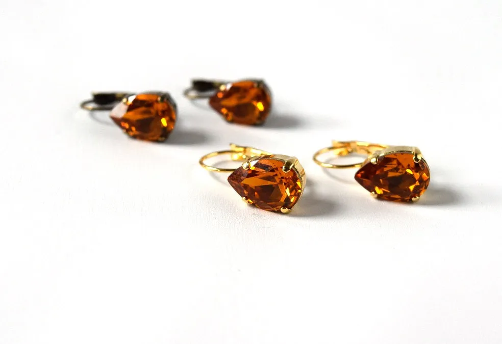 Orange Topaz Crystal Teardrop Earrings | Vintage Swarovski Crystal Earrings