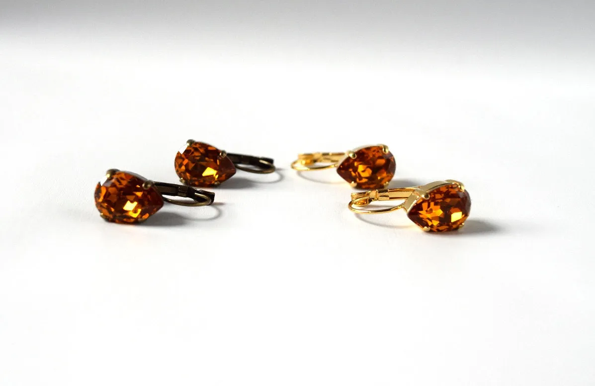 Orange Topaz Crystal Teardrop Earrings | Vintage Swarovski Crystal Earrings