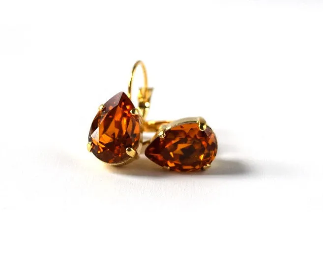 Orange Topaz Crystal Teardrop Earrings | Vintage Swarovski Crystal Earrings