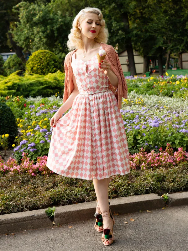 Pink 1950s Diamond Grid Swing Dress