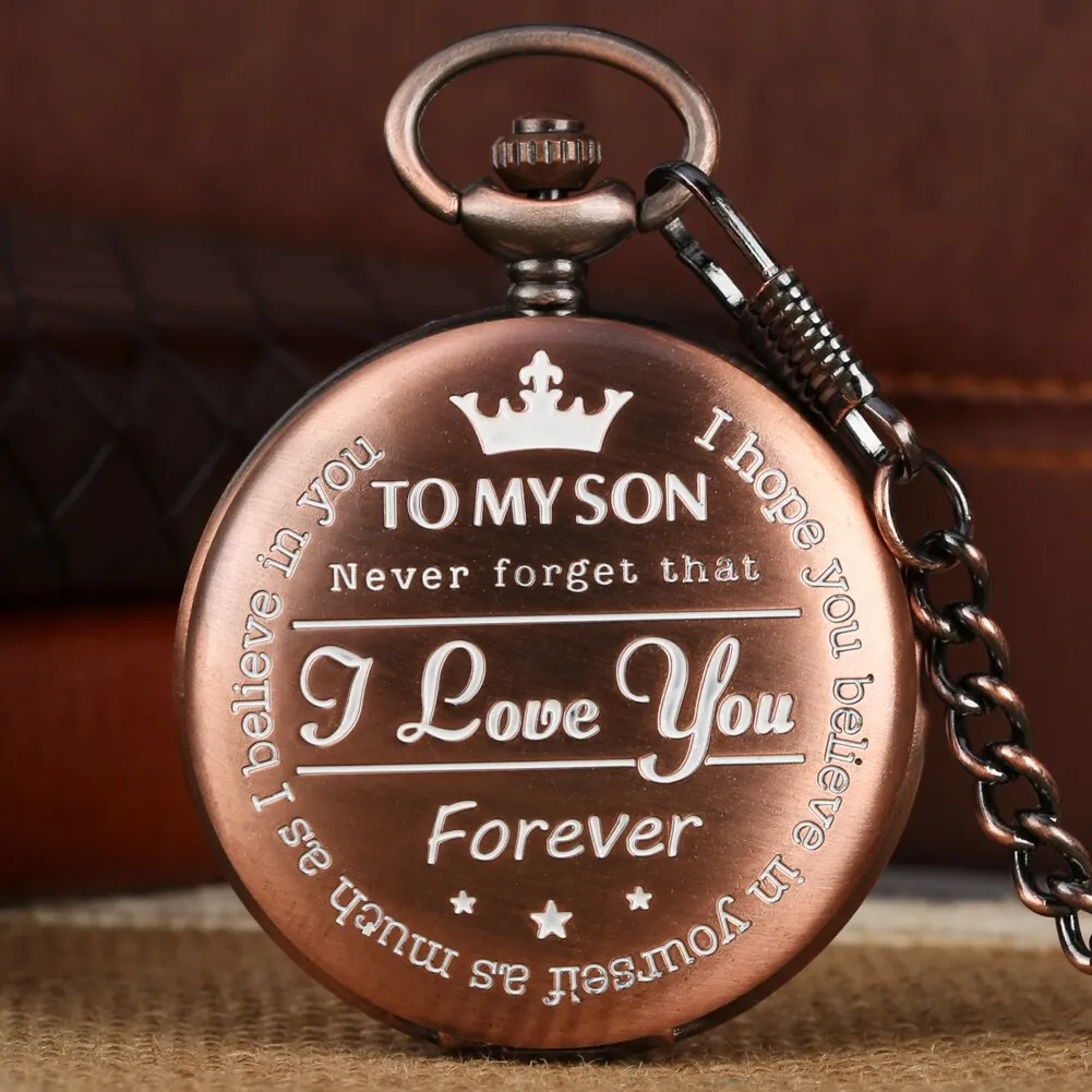 "To My Son I Love You" Rose Gold Punk Roman Numerals Display Necklace Chain Pendant Pocket Watch