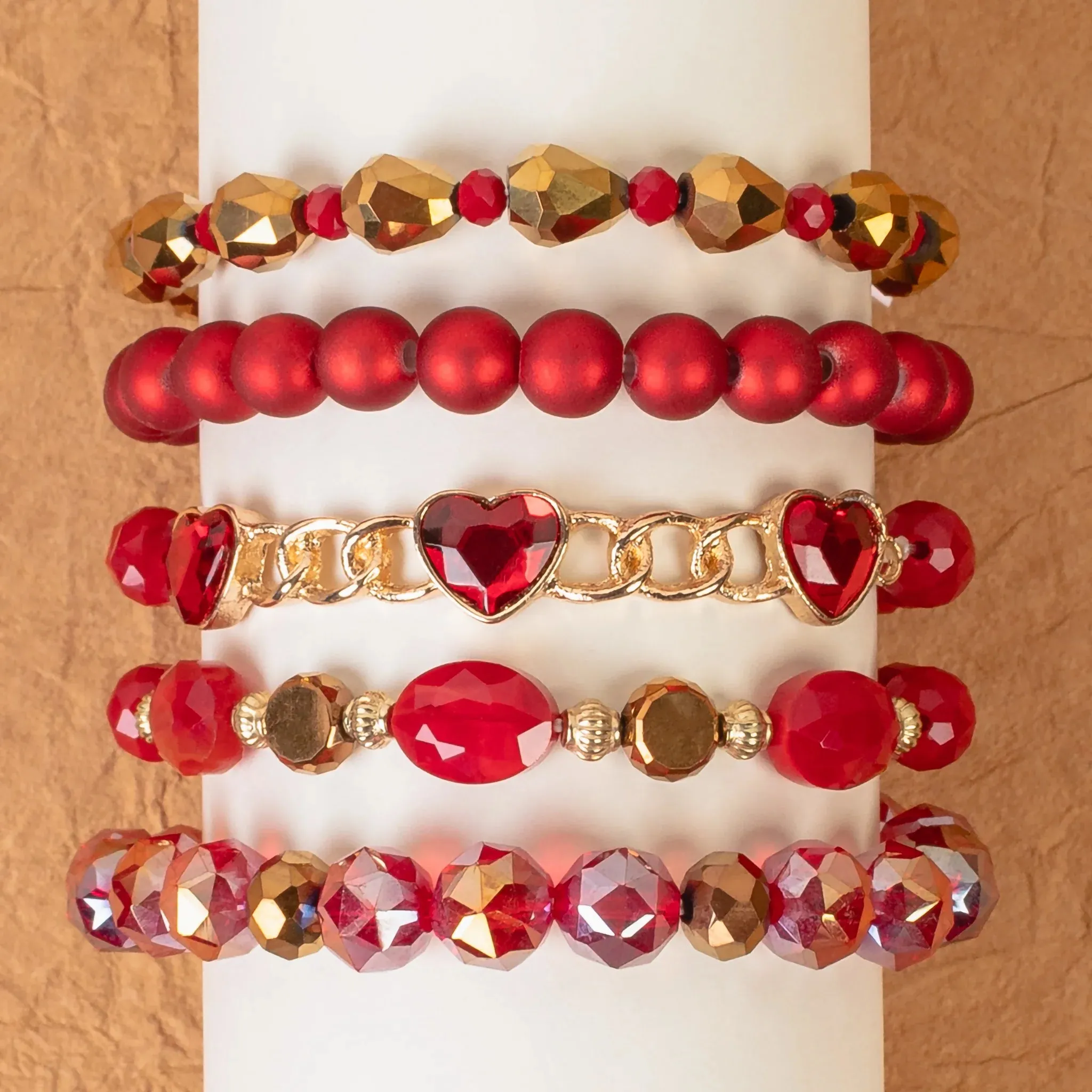 Red & Gold Heart Bling & Crystal beaded 5 piece bracelet set