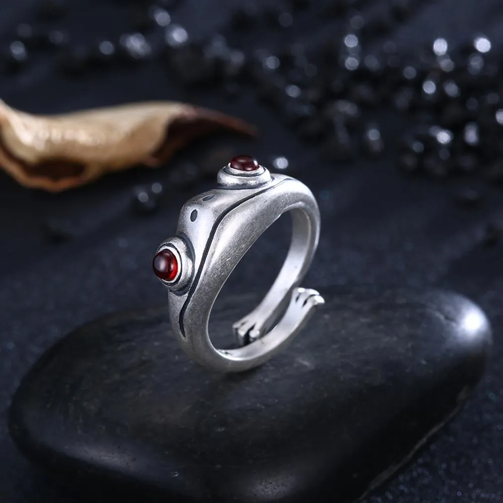 Red Garnet Frog 925 Sterling Silver Adjustable Retro Ring