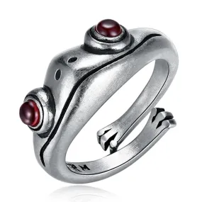 Red Garnet Frog 925 Sterling Silver Adjustable Retro Ring