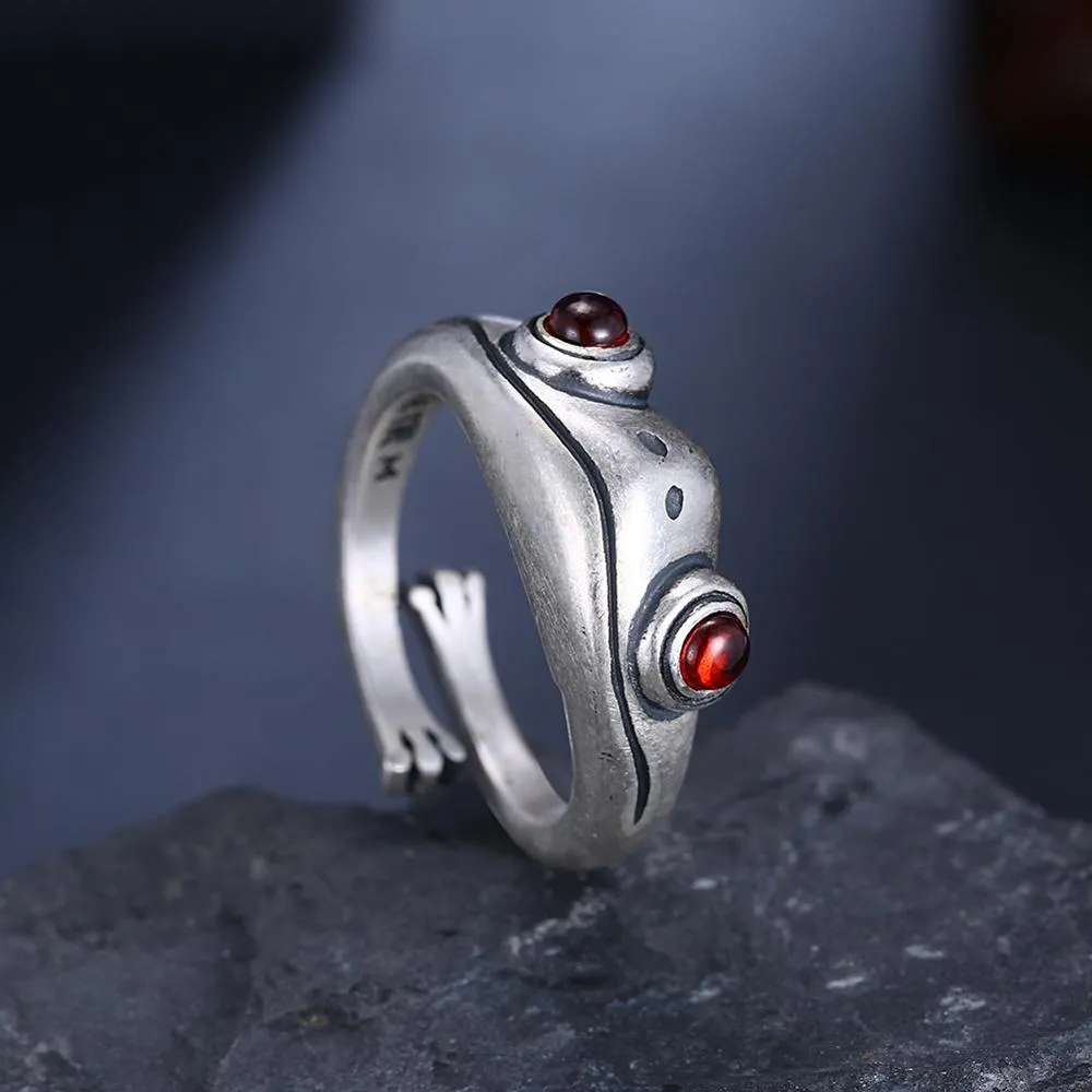 Red Garnet Frog 925 Sterling Silver Adjustable Retro Ring