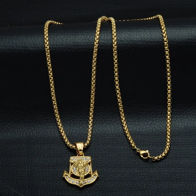 Rhinestone-Studded Gold-Plated King Jesus Bling 316L Stainless Steel Hip-hop Pendant Necklace