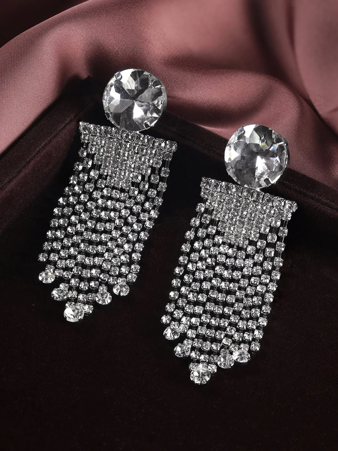 Rubans Voguish Rhodium plated Zirconia Shoulder Duster Statement Earrings