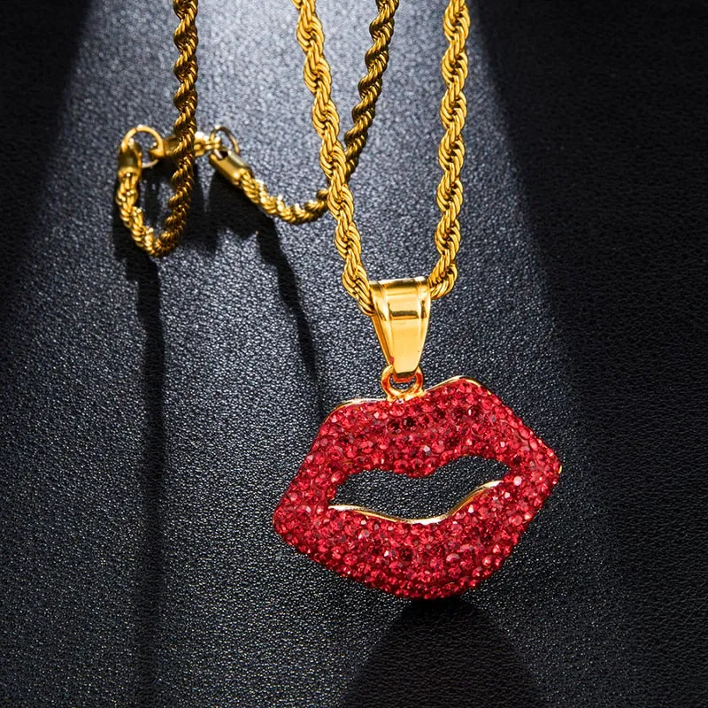 Sexy Red Lips Bling Rhinestone-Studded Stainless Steel Fashion Hip-hop Pendant Necklace