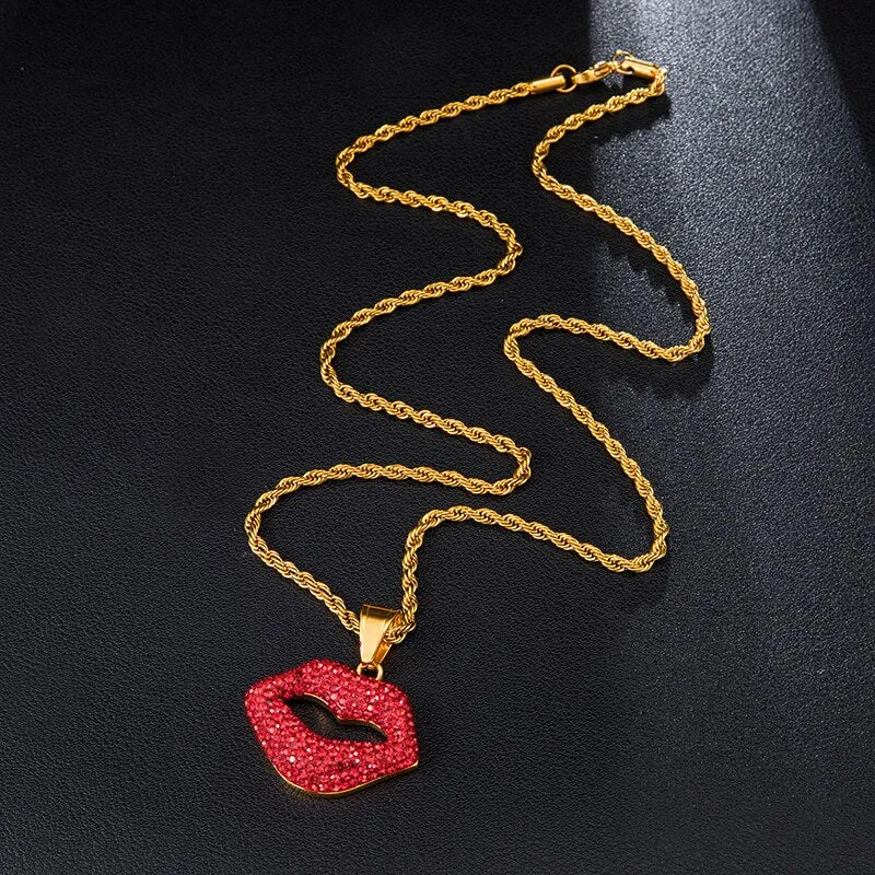 Sexy Red Lips Bling Rhinestone-Studded Stainless Steel Fashion Hip-hop Pendant Necklace