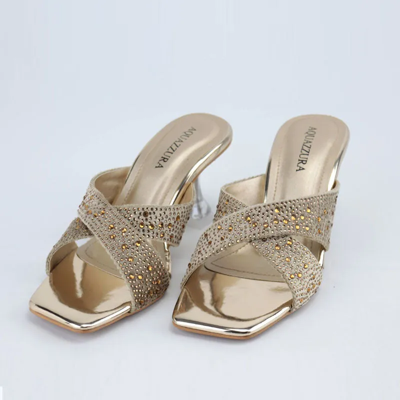 Shiny Crystal Embellished Cross Strap Clear Heel Sandals