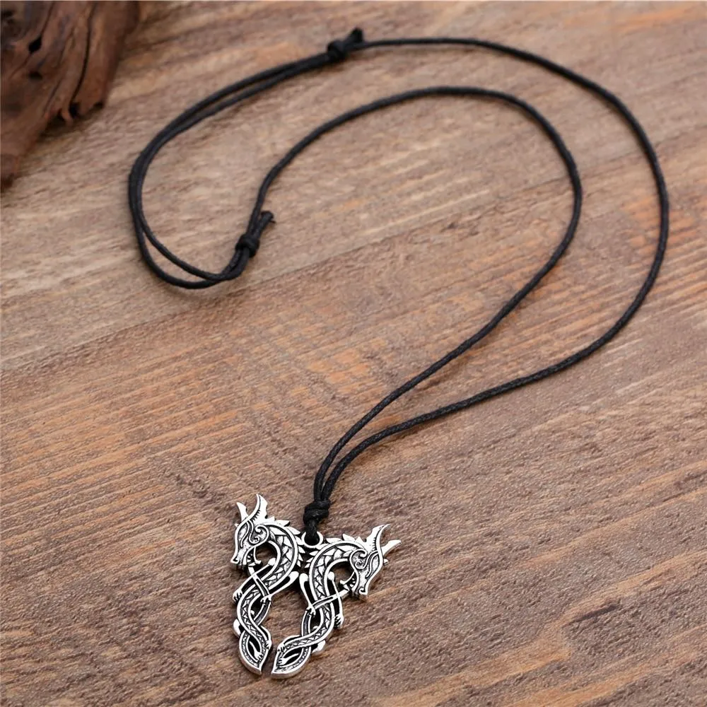 Silver Double Dagon Pendant with Macrame Necklace