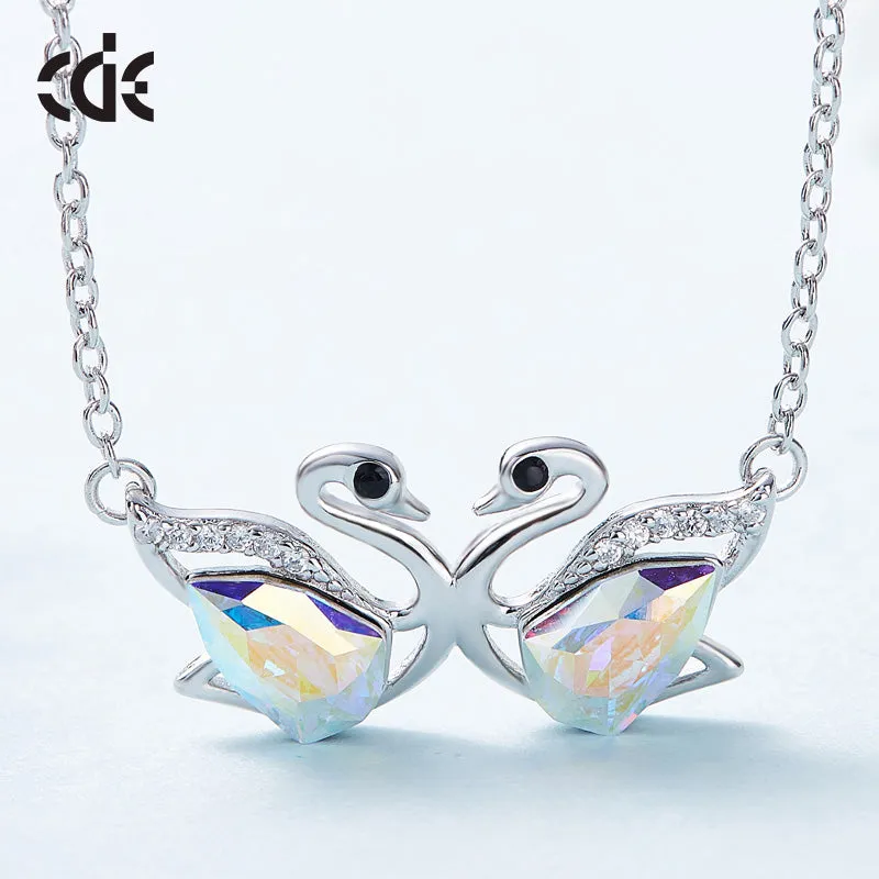 Sterling silver cute white ab swan sisters necklace