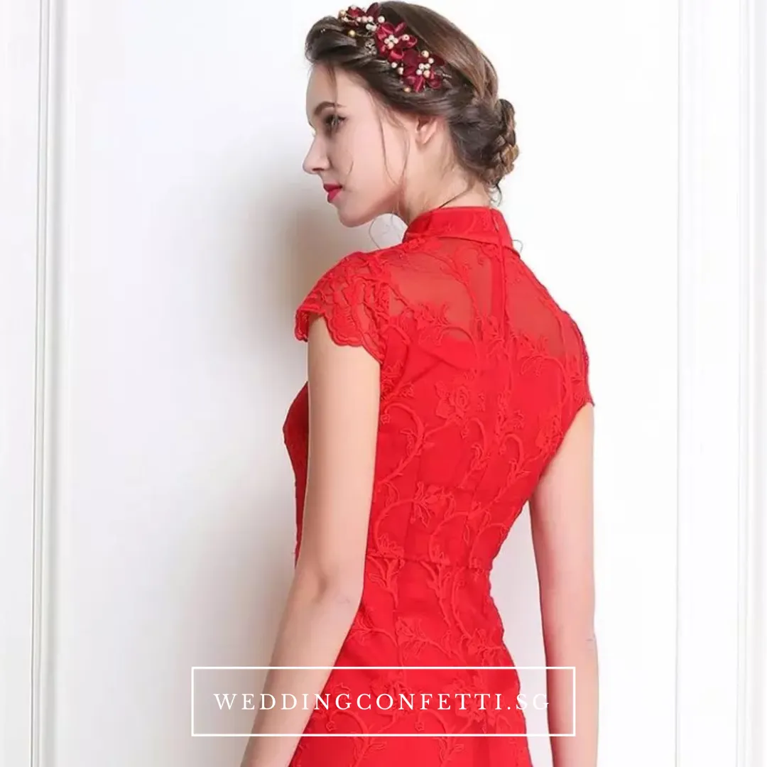 The Elidia Red Oriental Lace Mandarin Collar Qipao Dress