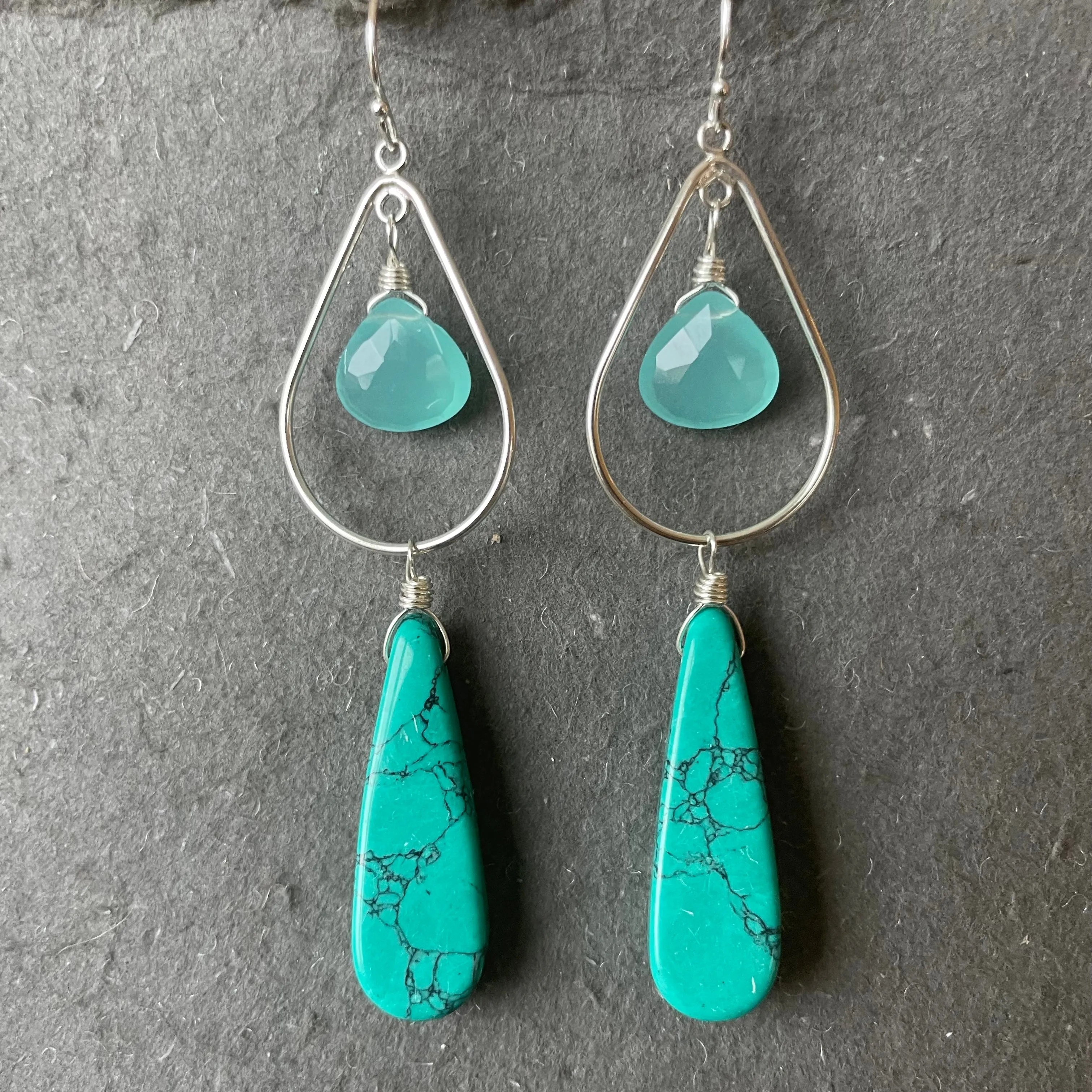 Turquoise and chalcedony hoops, OOAK