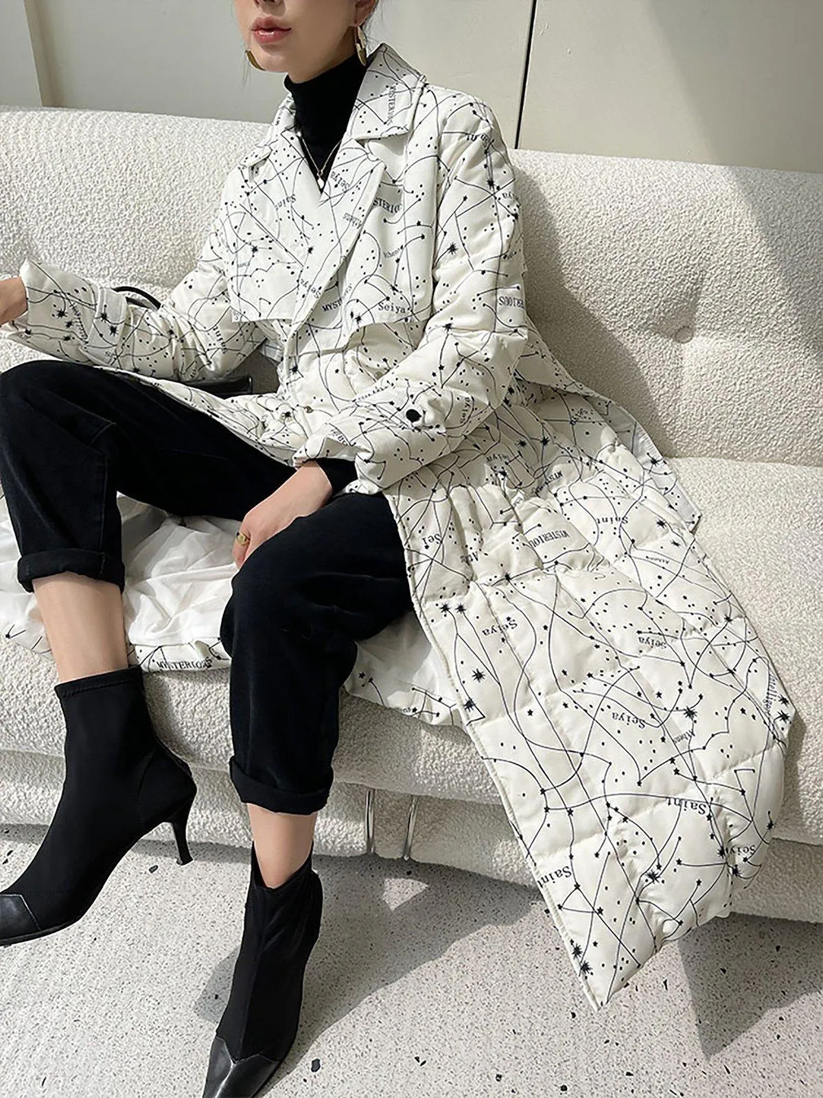 Women Printing Long Down Coat,Thicken warm Down Jacket,Belted Maxi Down Puffer Coat,Warm Winter Coat,White Long Down Coat,Quilted down Coat