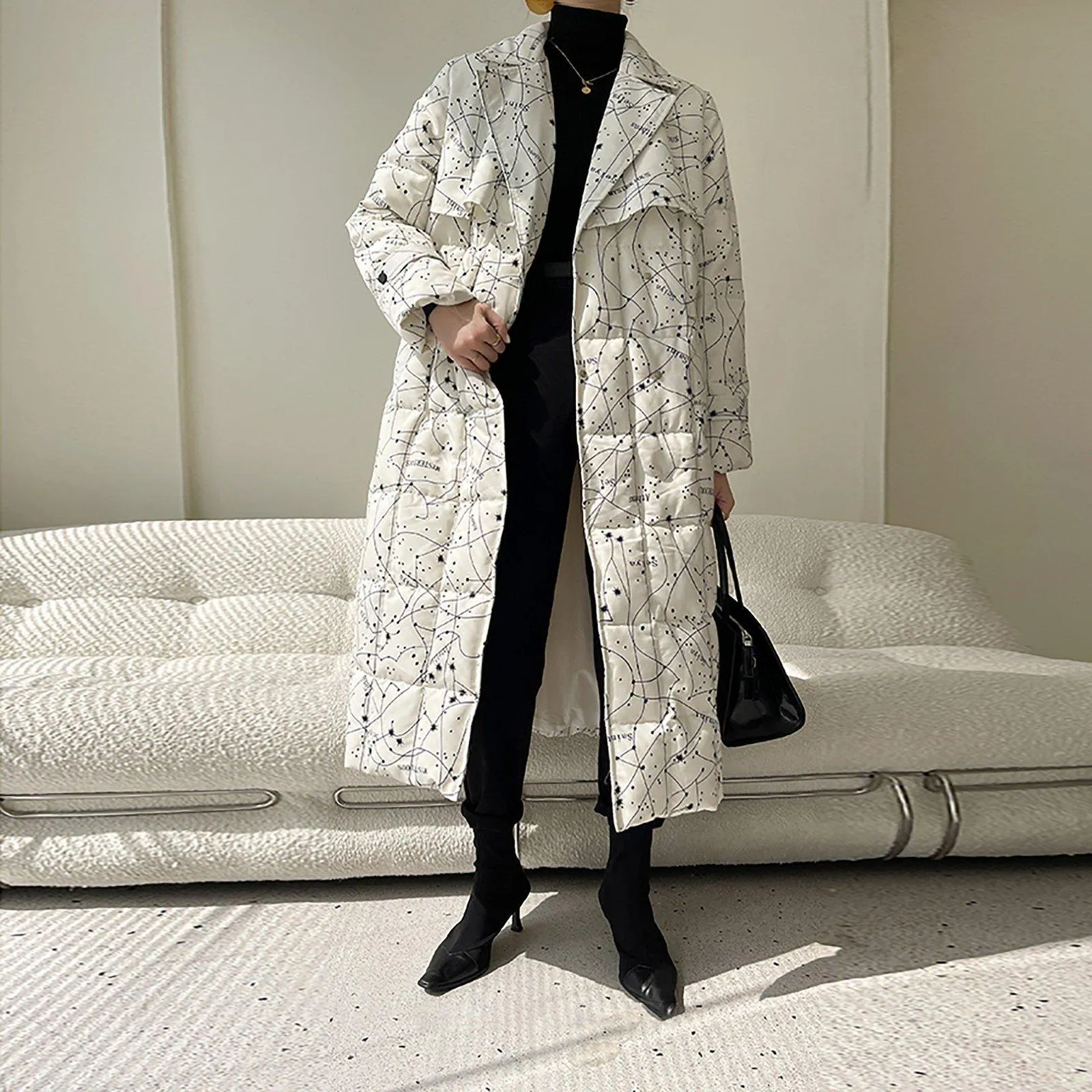 Women Printing Long Down Coat,Thicken warm Down Jacket,Belted Maxi Down Puffer Coat,Warm Winter Coat,White Long Down Coat,Quilted down Coat