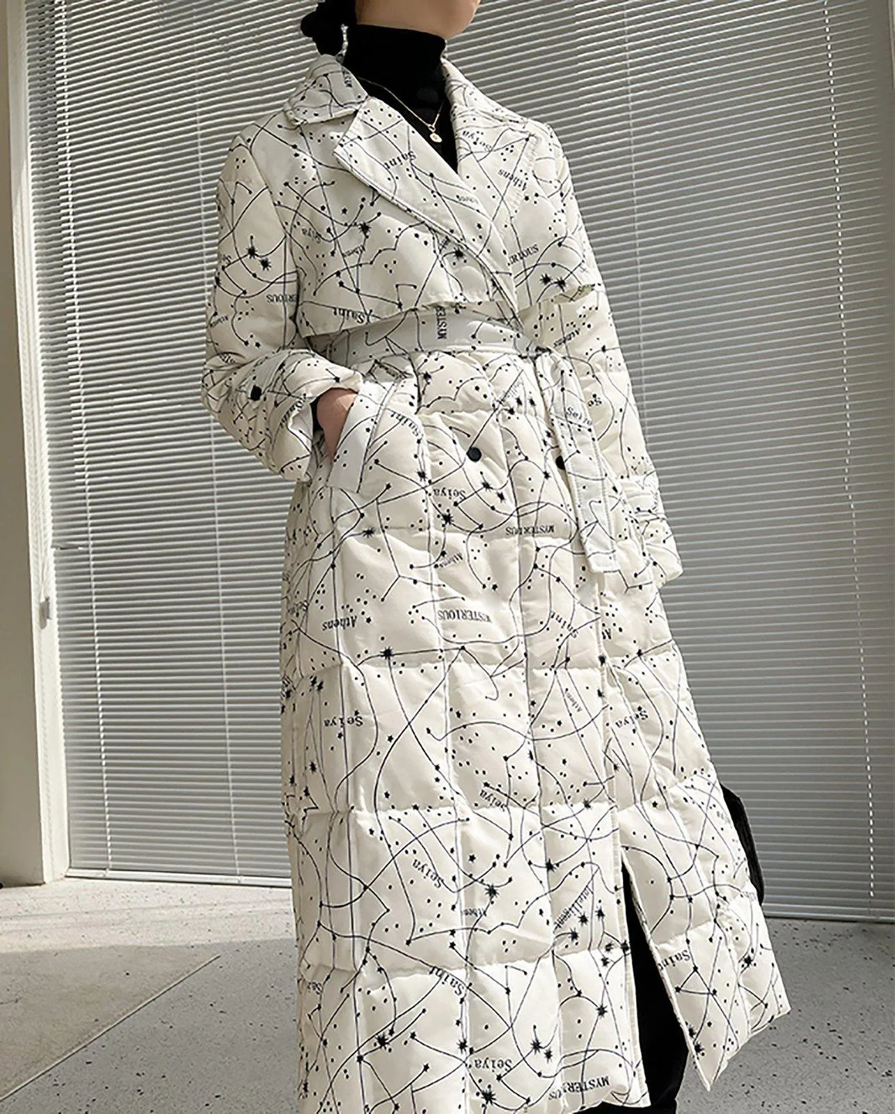 Women Printing Long Down Coat,Thicken warm Down Jacket,Belted Maxi Down Puffer Coat,Warm Winter Coat,White Long Down Coat,Quilted down Coat