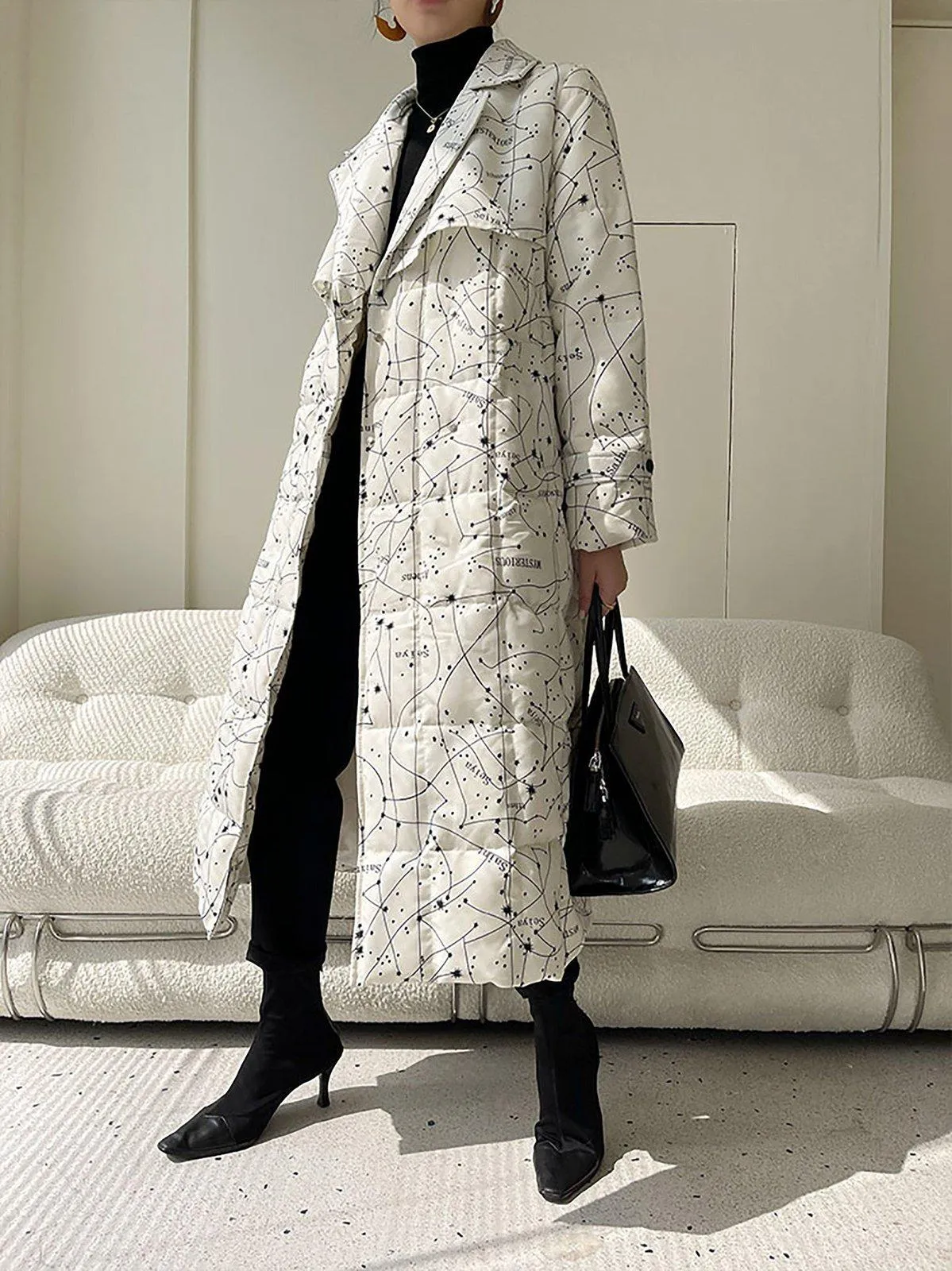 Women Printing Long Down Coat,Thicken warm Down Jacket,Belted Maxi Down Puffer Coat,Warm Winter Coat,White Long Down Coat,Quilted down Coat