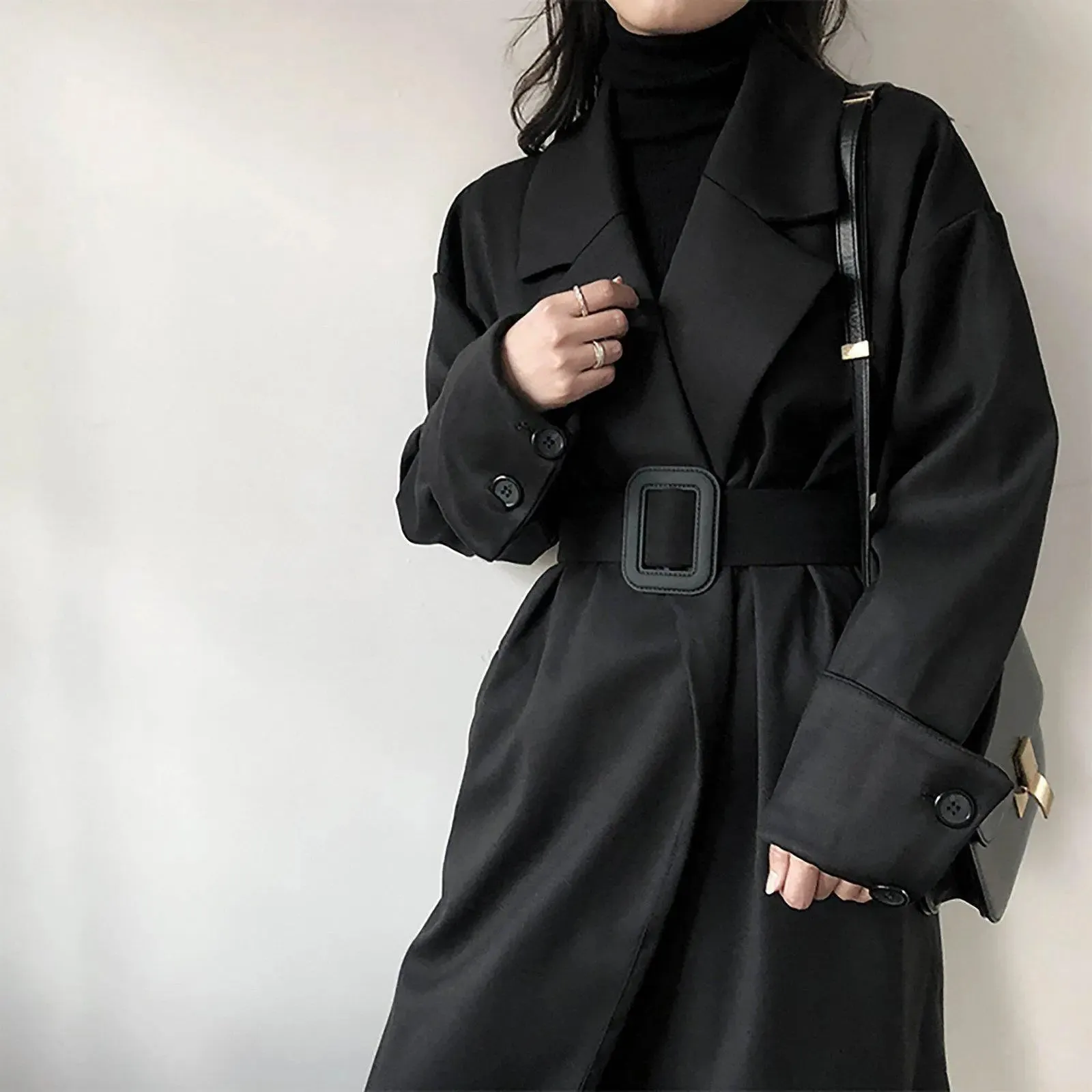 Women's Black Long Trench Coat,Fall Coat for Women,Autumn Winter Coat,Belted Over the knee Coat, Long Windbreaker,Women's Outerwear