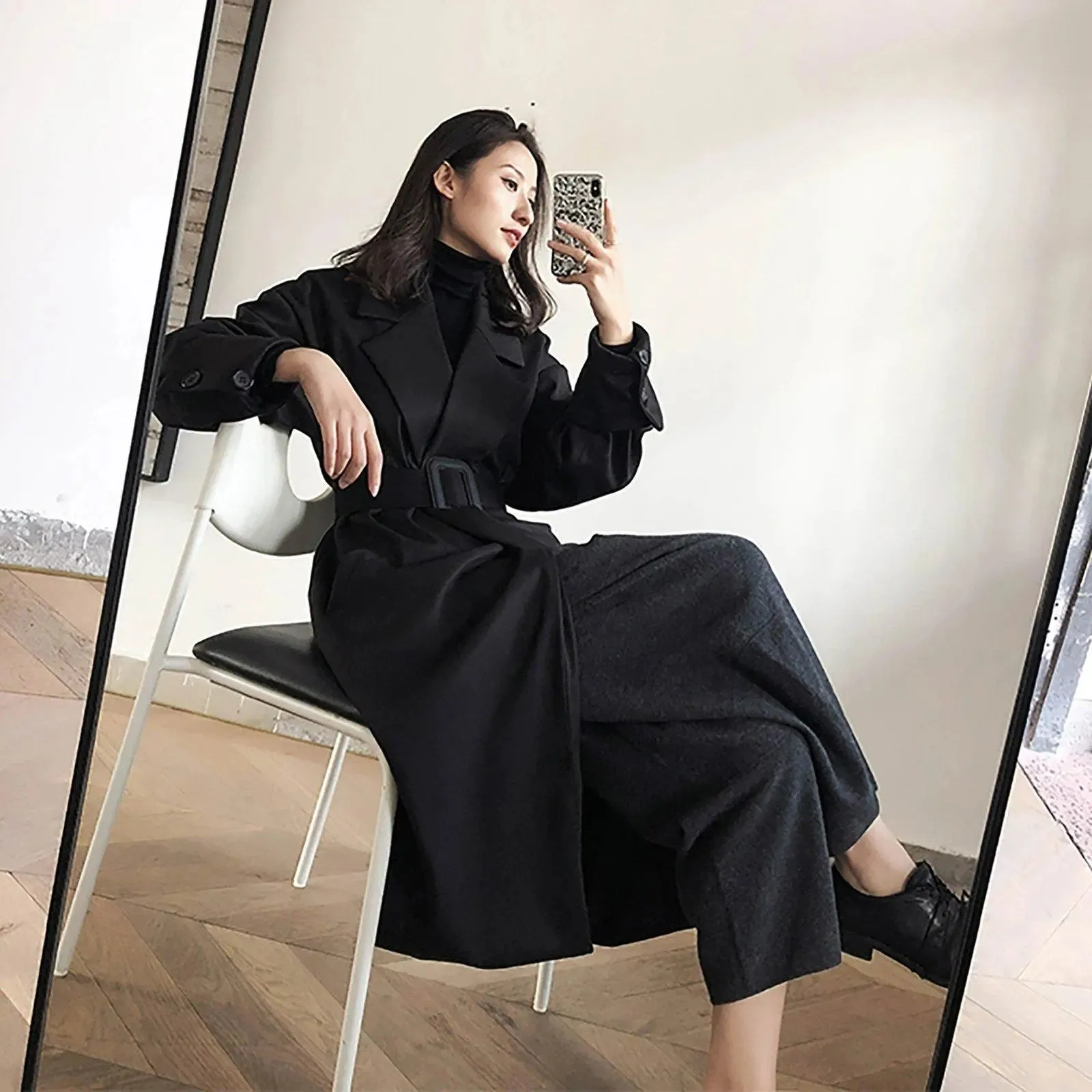 Women's Black Long Trench Coat,Fall Coat for Women,Autumn Winter Coat,Belted Over the knee Coat, Long Windbreaker,Women's Outerwear