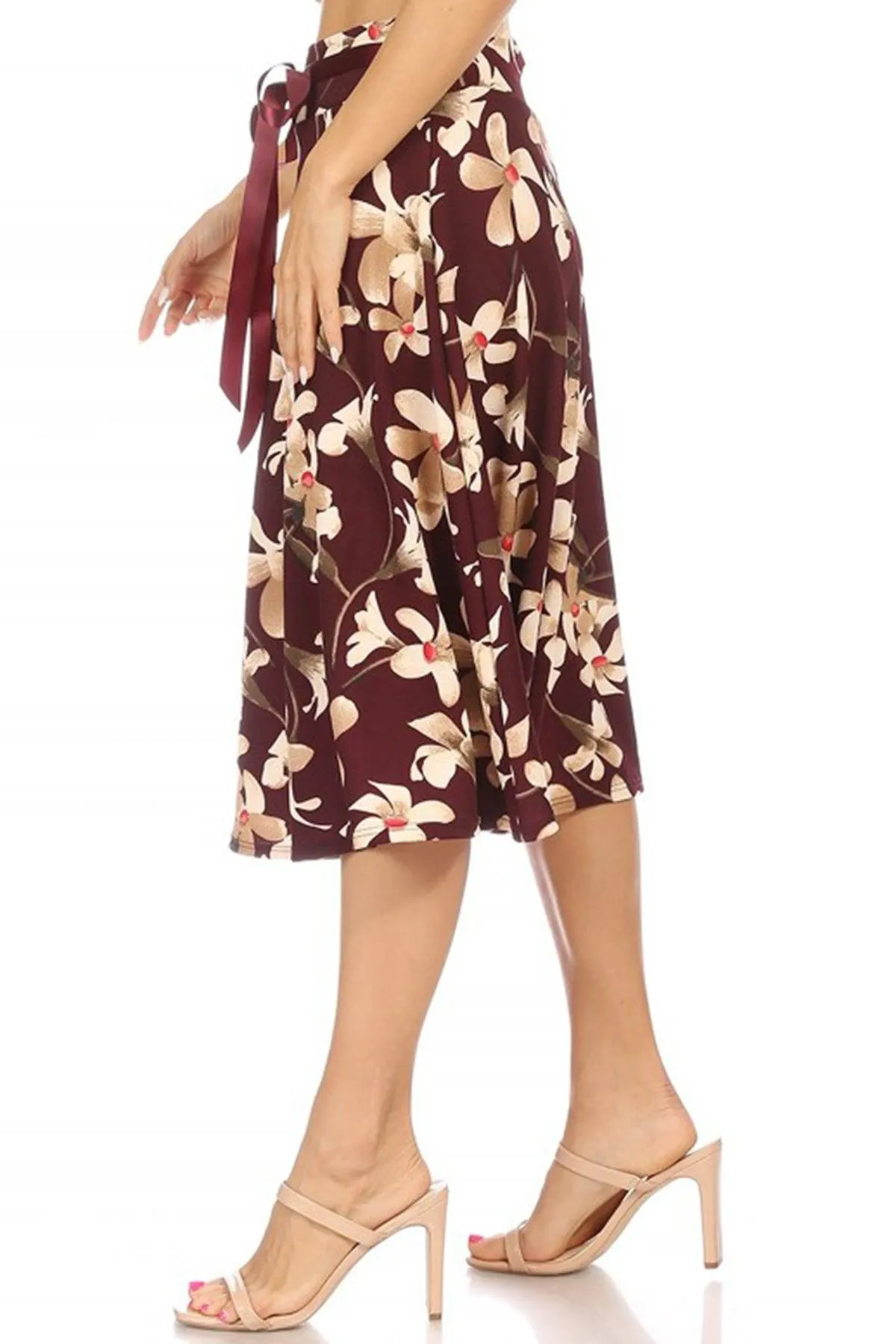 Women's Casual Floral A-line Printed High Waist Bow Tie Belted Knee Length Midi Skirt