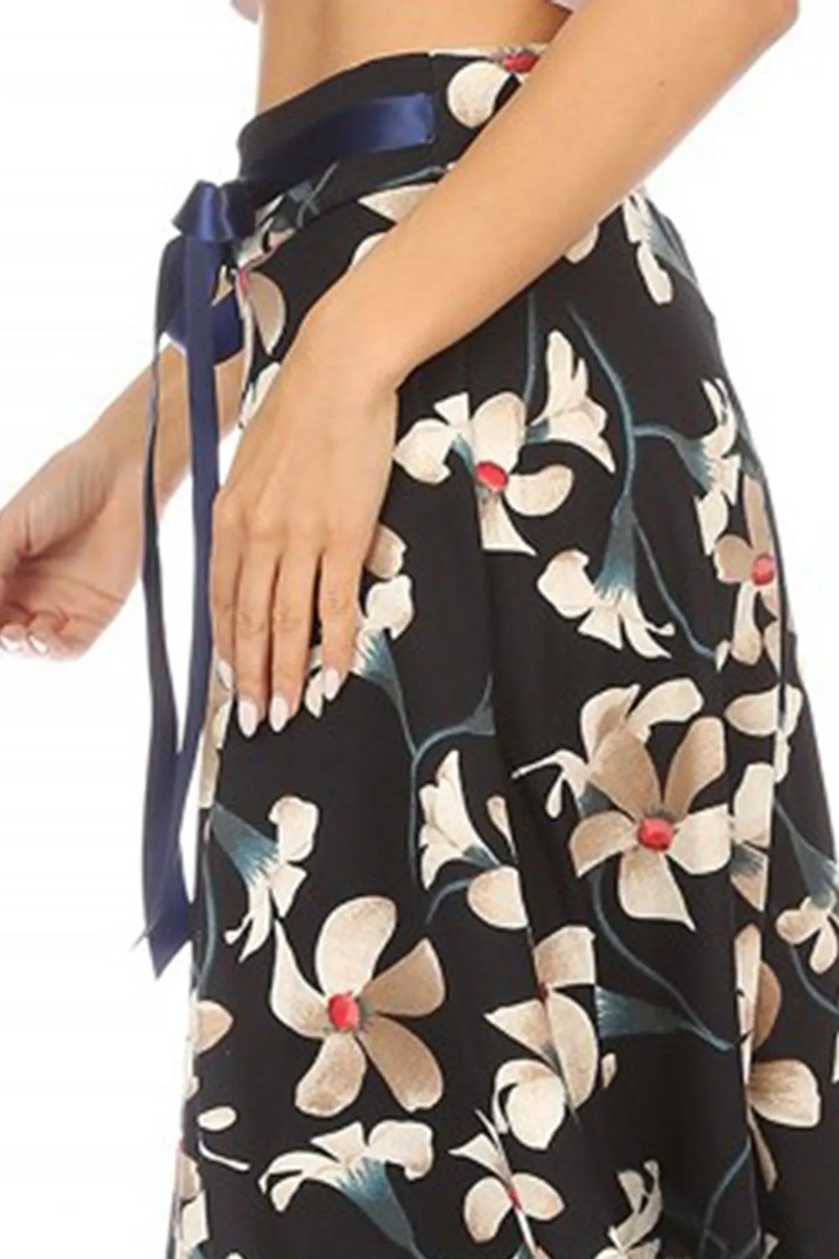 Women's Casual Floral A-line Printed High Waist Bow Tie Belted Knee Length Midi Skirt